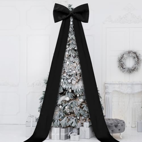 118x28 Inch Extra Large Christmas Tree Topper Bow Christmas Giant Satin Bow Decoration with Long Streamers Huge Oversized Topper Decor for Xmas Tree Holiday Party Door Wall(Black,Satin)
