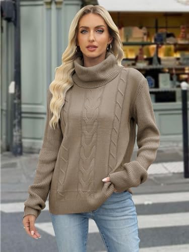 Womens Cable Knit Turtleneck Sweaters 2025 Winter Warm Long Sleeve Pullover Casual Tops