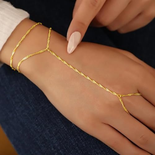 Yoosteel Hand Chain Bracelet for Women - Dainty 14K-Gold-Plated Finger Ring Hand Chains Layered Trendy Link Bracelets Jewelry Gifts for Women