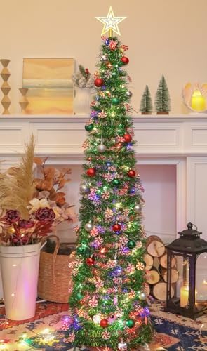 HMASYO 5 FT Pop Up Christmas Tree with Timer Lights and Decorations, Green Tinsel Christmas Tree with Candy and 24 Balls Ornament, Collapsible Pencil Tree Xmas Decoration for Home, Office, Party