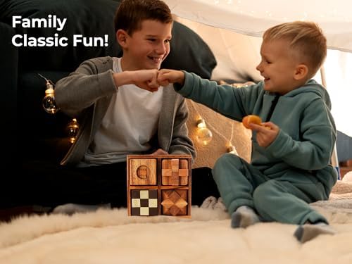 BSIRI Wooden Puzzle Box Set (4 Games) - Challenging Brain Teasers 3D Puzzles for Adults, Interlocking Games for IQ Test. Ideal for Rustic Patio Decor, Unique Gift for Christmas and Birthdays