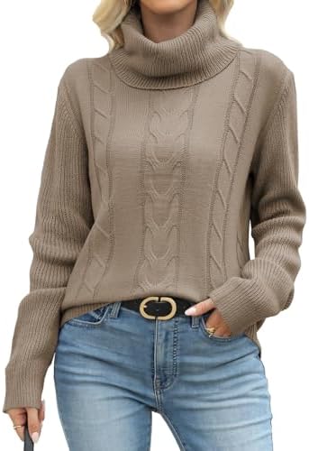 Womens Cable Knit Turtleneck Sweaters 2025 Winter Warm Long Sleeve Pullover Casual Tops