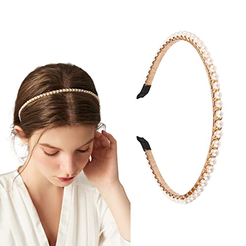 YARN & INK Women's Pearls Headbands Fashion Beaded Metal Headband, Vintage Hair Accessories Non Slip for Women Girls Christmas Gift (Pearls Line)
