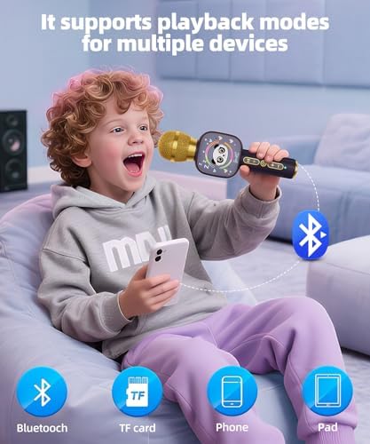 Bluetooth Karaoke Microphone Toy for Kids - Mini Portable Speaker with LED Lights, Wireless Pairing (TWS) for Duet Singing, Christmas Birthday Gift Toys for Boys & Girls Ages 2-12 (black - 1)