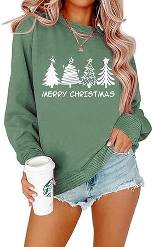 Womens Christmas Sweatshirt Christmas Tree Graphic Long Sleeve Shirts Xmas Holiday Pullover Tops Blouse
