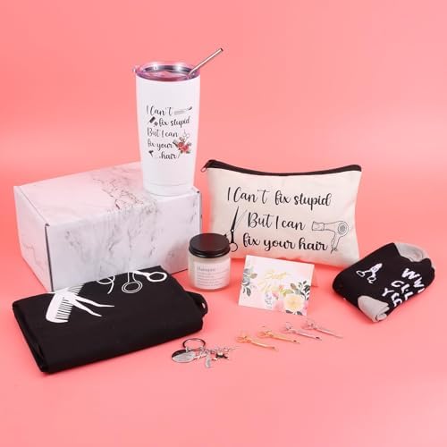 10 Pieces Hairdresser Gifts Set for Women Hair Stylist Appreciation Gift Set Christmas Gift with Tumbler,Socks,Makeup Bag,Keychain,Candle,Scissor Hair Clips,Apron,Greeting Card (Tumbler)
