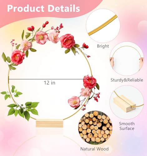 12 Inch 10 Sets Metal Floral Hoop Centerpiece with Wood Stands and LED Fairy Lights, Gold Metal Rings for Christmas Party Dream Catcher Wedding Table Wreath Decor, Wall Hanging Wreaths