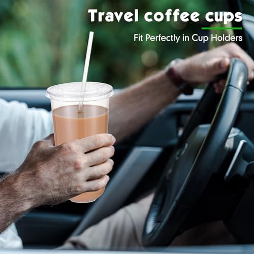100 Sets Clear Plastic Cups with Lids and Straws, Disposable Iced Coffee Cups for Drinking, Cold Drinks, Juice, Smoothie, Pet Cup for Coffee Shops, Party, Christmas(20 oz)