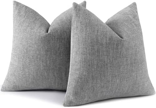 decorUhome Christmas Chenille Decorative Throw Pillow Covers 18x18 Set of 2, Farmhouse Textured Square Neutral Solid Accent Pillow Covers for Couch Sofa Bed Living Room Home Decor, Grey