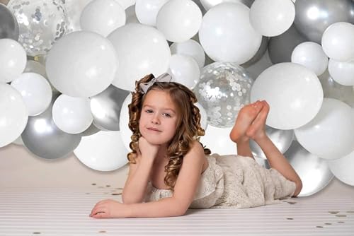 White and Silver Balloons Garland Arch Kit 5"10 Inch 12" White Silver Metallic Confetti Latex Balloons Arch Set for Christmas Winter Wonderland Birthday Baby Shower Wedding Party Winter Decor