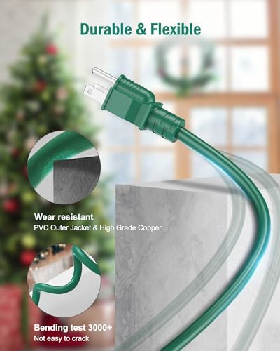 Outdoor Extension Cord Multiple Outlet, 50 Ft Christmas Light Extension Cord Evenly Spaced 6 Outlets Plugs with Safety Cover, 16/3 SJTW Green Extension Cord Outdoor Waterproof