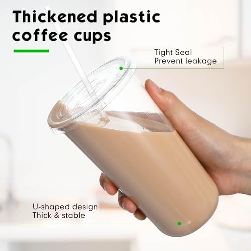 100 Sets Clear Plastic Cups with Lids and Straws, Disposable Iced Coffee Cups for Drinking, Cold Drinks, Juice, Smoothie, Pet Cup for Coffee Shops, Party, Christmas(20 oz)