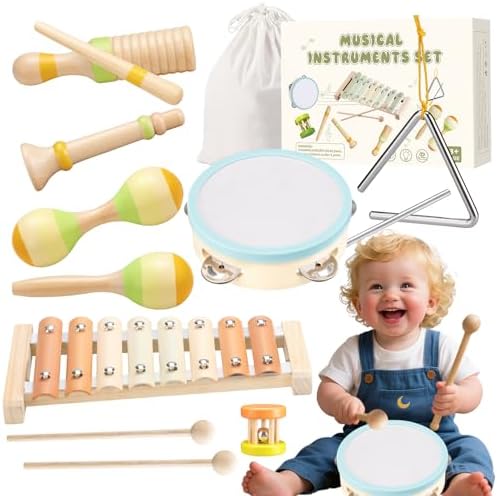 Baby Musical Instruments Set Montessori Wooden Toy for Toddlers 3 Percussion Music Xylophone for Kids Preschool Learning Resource Christmas Birthday Gifts for Boys Girls Aged 3 4 5 (Warm)