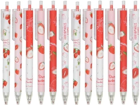 YYaaloa 12pcs Cute Strawberry Pens Black Gel Ink Pens Retractable 0.5mm Nice Mother's Day Gifts Fun Pen for Kids Girls Boys Christmas Gifts