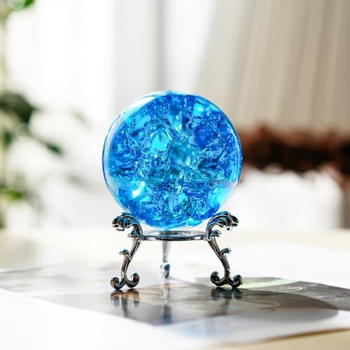 kanpura 60mm Ice Cracked Crystal Ball Paperweight Crystal Ball with Stand Glass Ball Ornament for Christmas Home Decor(Blue)