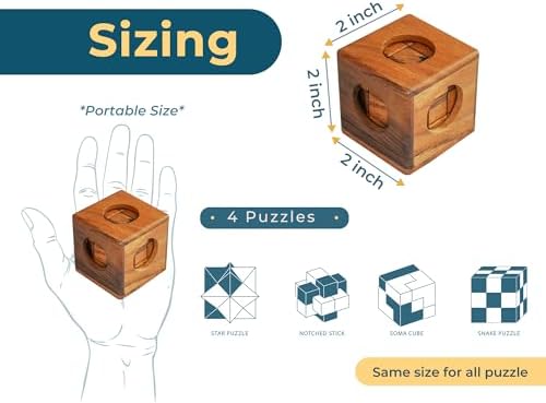 BSIRI Wooden Puzzle Box Set (4 Games) - Challenging Brain Teasers 3D Puzzles for Adults, Interlocking Games for IQ Test. Ideal for Rustic Patio Decor, Unique Gift for Christmas and Birthdays