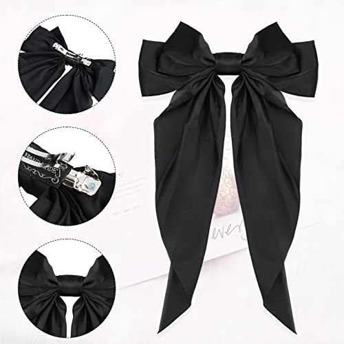 Big Bow Hair Accessories 2pcs - Long Tail French Satin Silky Barrettes for Women and Girls, Black, Burgundy, Red Bows for Birthday, Party, Show, Christmas