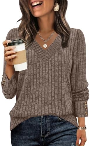 WIHOLL V Neck Long Sleeve Shirts for Women with Bottons Casual Fall Outfits Lightweight Tunic Sweaters Fashion Clothes 2025
