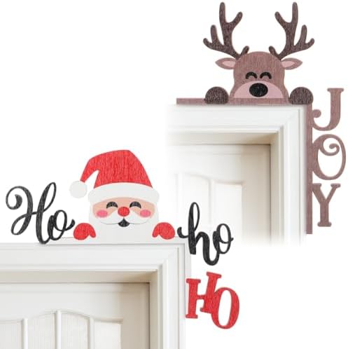 2 Pcs Christmas Door Topper Funny Santa Claus Antlers Door Frame Corner Sign Decor Home Wooden Christmas Cabinet Knob Covers Party Ornament Props Gift for Wall Window DIY