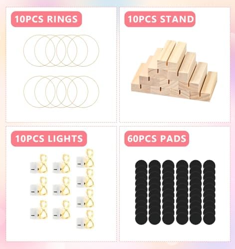 12 Inch 10 Sets Metal Floral Hoop Centerpiece with Wood Stands and LED Fairy Lights, Gold Metal Rings for Christmas Party Dream Catcher Wedding Table Wreath Decor, Wall Hanging Wreaths