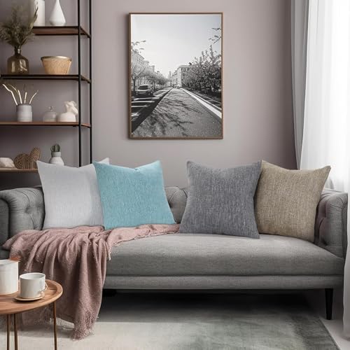 decorUhome Christmas Chenille Decorative Throw Pillow Covers 18x18 Set of 2, Farmhouse Textured Square Neutral Solid Accent Pillow Covers for Couch Sofa Bed Living Room Home Decor, Grey