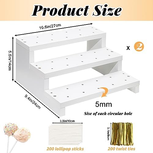 2Pcs Wood Cake Pop Display Stand, White Lollipop Holder 3 Tier with Twist Ties Lollipop Sticks, 33 Holes Sucker Storage Rack for Dessert Table of Wedding Birthday Party Christmas Day (B)