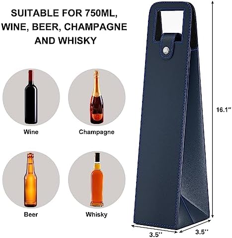 Wine Tote Carrier, Reusable Leather Single Bottle Champagne, Beer Gift Bags for Birthday, Wedding, Picnic Party, Christmas - Blue