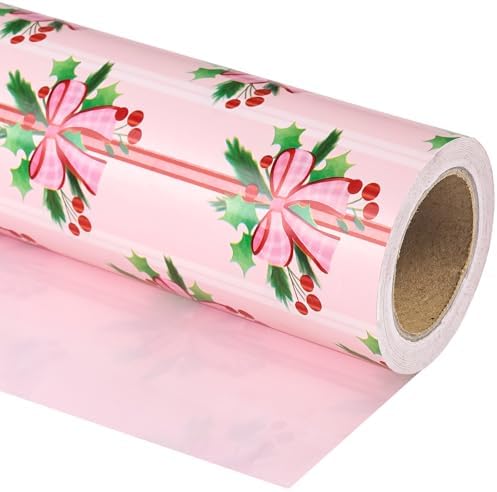 WRAPAHOLIC Reversible Christmas Wrapping Paper - Mini Roll - 17 Inch x 33 Feet - Holly and Red Bow Wrapping Paper with Solid Pink Design for Xmas Holiday, Party Celebration