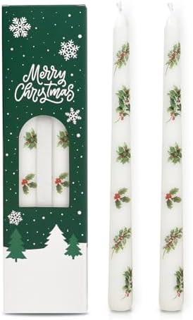 2 Pack Christmas Taper Candles, 10 Inch Unscented Candlesticks with Holly Pattern for Holiday Table Centerpiece, Fireplace Mantel, Advent Wreaths, Winter Weddings, Seasonal Home Decor