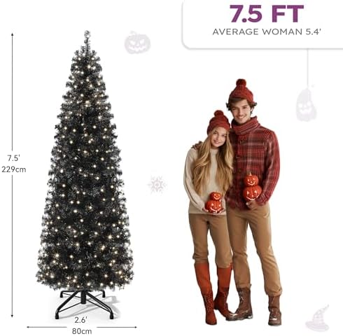 YITAHOME Pre-Lit Black Pencil Halloween Christmas Tree 7.5ft w/Remote, Black Slim Artificial Christmas Tree, Prelit Pencil Christmas Tree w/ 350 LED Lights & 1000 Branch Tips | Holiday Decor