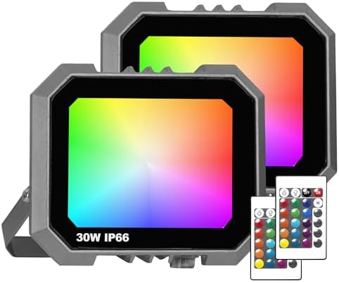 2 Pack RGB LED Flood Light 30W, 300W Equivalent 3000 LM Outdoor Landscape Flood Lights with 2 Remote, IP66 Waterproof Outdoor Light for Christmas Party Stage Uplight Wall Wash
