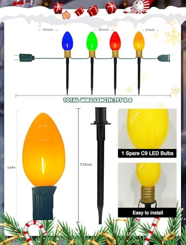 C9 Christmas Pathway Lights Outdoor, 2Pk Total 14Ft Outdoor Christmas Decorations String Light with 8 LED Jumbo C9 Multicolor Light Bulbs Walkway Lights for Lawn Holiday Yard Garden Sidewalk Decor
