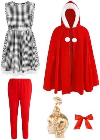 Who Lou Costume for Girl 5 Pcs Red Christmas Costumes Outfit with Blonde Wig Xmas Halloween Cosplay Holiday