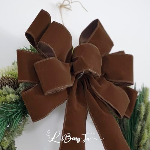 13" Brown Bow Pre-Tied Bow for Christmas Tree, Brown Velvet Ribbon Bow for Wreaths, Tree Toppers Bow, Premade Bow, Gift Bow for Party Favor, Christmas Home Indoor Outdoor Decor-1 Counts
