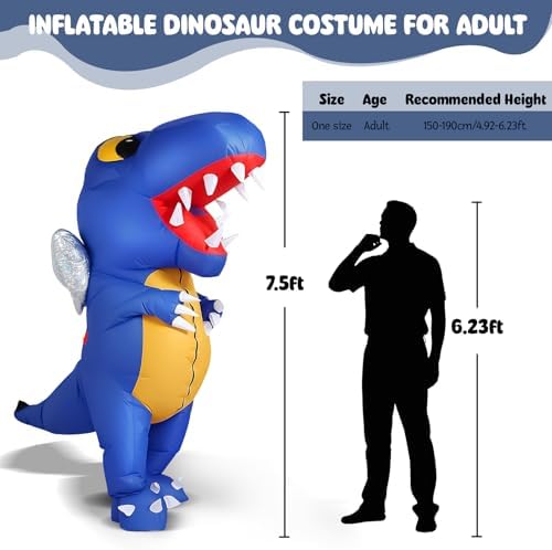 Inflatable T-Rex Costume for Adult, Blow-Up Dinosaur Suit for Halloween Christmas Birthday Party 150-190cm