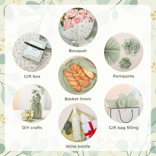 120 Sheets Green Tissue Paper for Gift Bags, Sage Green Botanical Stripe Dot Gift Wrapping Paper Bulk for Wedding Baby Shower Birthday Party Christmas DIY Crafts Packaging, 14 x 20 Inch