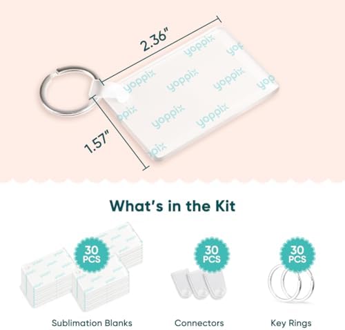 90 Pcs Sublimation Acrylic Keychain Blanks, with 30 Fixing Clips and 30 Key Rings for Heat Transfer Keychain Bag Decor Pet Necklace Christmas Tree Decor, Home Gift Crafts Supplies