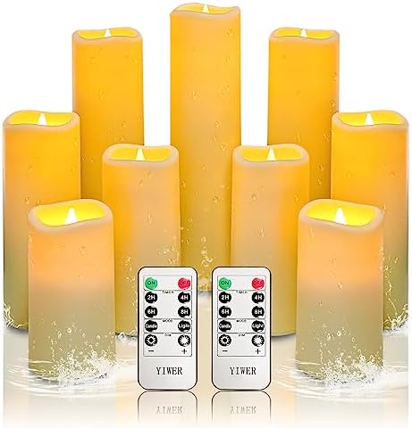 YIWER Waterproof Flameless Candles, Outdoor Battery Operated LED Pillars Candles, Electric Fake Candle Set of 9 with Remotes, Halloween, Christmas Decorations