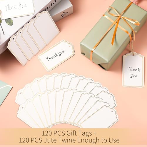 120 PCS Gift Tags with String Gold Foil Metallic Gift Tags Writable Blank Tag for Baby Shower Birthday Wedding Presents Labeling DIY Craft Project Christmas Stocking Stuffers 3.5''×2''