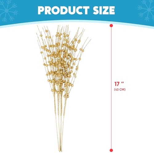 JOIEDOMI 12 Pcs Christmas Gold Glitter Berry Stems, 17'' Christmas Tree DIY Picks Branches, Gold Xmas Wreath Ornaments Glitter Twigs, Artificial Decorative Sticks for Party Home Wedding Holiday Decor