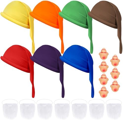 21 Pcs Halloween Dwarf Costume Accessories, Colorful Dwarf Hats Set with Large Nose and White Beard, Gnome Fairy Party Hats for Halloween Christmas Cosplay Theme Party