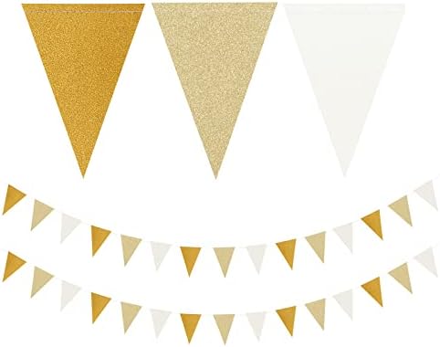White-Gold Champagne Party-Decorations Banner,2 Pack Christmas Wedding Engagement Hanging Paper Triangle Pennant Flags Streamers,Bachelorette Neutral Baby Bridal Shower Supplies Decor Lasting Surprise
