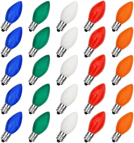 Christmas LED Light Bulb, 25 Pack C7 Multicolor Replacement Bulbs for Outdoor Patio Indoor Christmas Party String Lights, 0.6W Energy Saving Night Light Bulbs, C7/E12 Candelabra Base, 120 Volts
