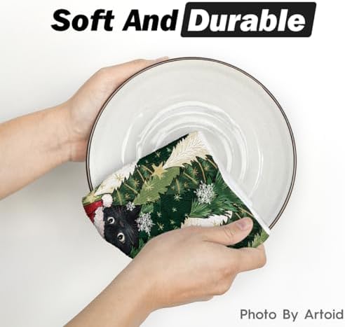 Artoid Mode Black Cat Star Xmas Tree Christmas Kitchen Towels Dish Towels, 18x26 Inch Farmhouse Holiday Winter Decoration Cleaning Set of 2