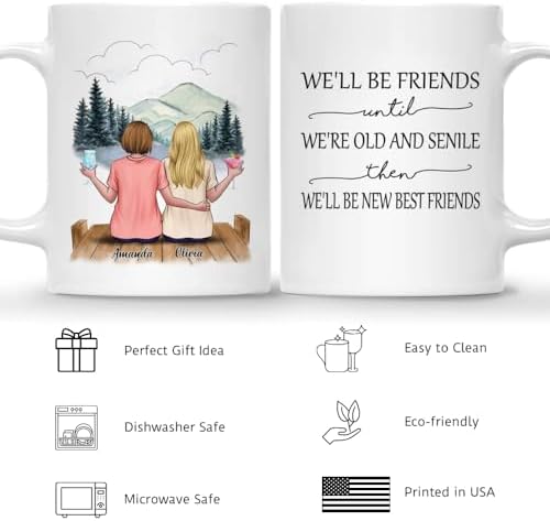 Gossby Personalized Friend Mug - Custom Gift for Female Best Friend with Design, Name - Christmas, Birthday, Friendship Besties Gift for Women - We'll Be Friends Until We're Old, Senile - 2 BFFs