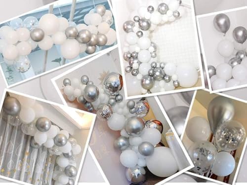 White and Silver Balloons Garland Arch Kit 5"10 Inch 12" White Silver Metallic Confetti Latex Balloons Arch Set for Christmas Winter Wonderland Birthday Baby Shower Wedding Party Winter Decor
