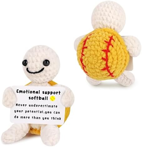 JoycuFF Funny Mini Crochet Softball Turtle Gifts - Emotional Positive Inspirational Softball Stocking Stuffers Gift for Lovers, Players, Fans - White Elephant Christmas Handmade Gifts for Her