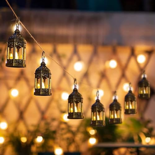 Mini Lantern with Flickering LED Candles Set of 10, Hewory Gold Vintage Decorative Hanging Candle Lanterns for Halloween, Christmas, Wedding Decorations, Party, Table Centerpiece, Battery Included