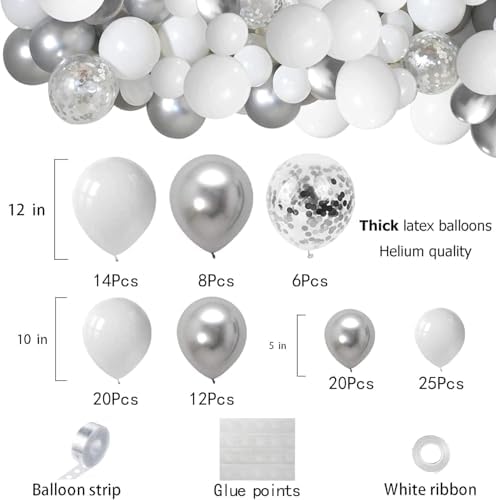 White and Silver Balloons Garland Arch Kit 5"10 Inch 12" White Silver Metallic Confetti Latex Balloons Arch Set for Christmas Winter Wonderland Birthday Baby Shower Wedding Party Winter Decor