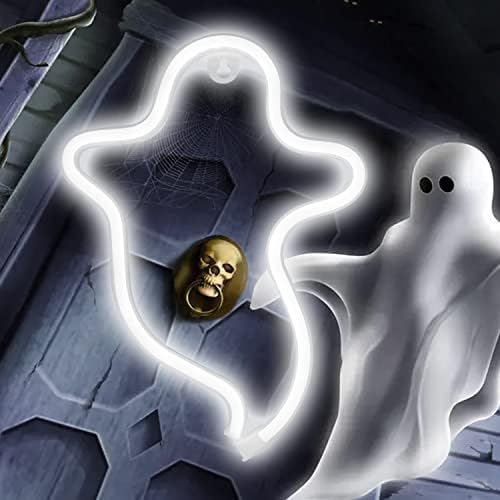 White Ghost Halloween Lights Neon Signs, Gothic Shaped Lamp USB/Battery Operated Night Lights for Home, Wall, Festival, Party, Christmas Decor-Ghost(White)